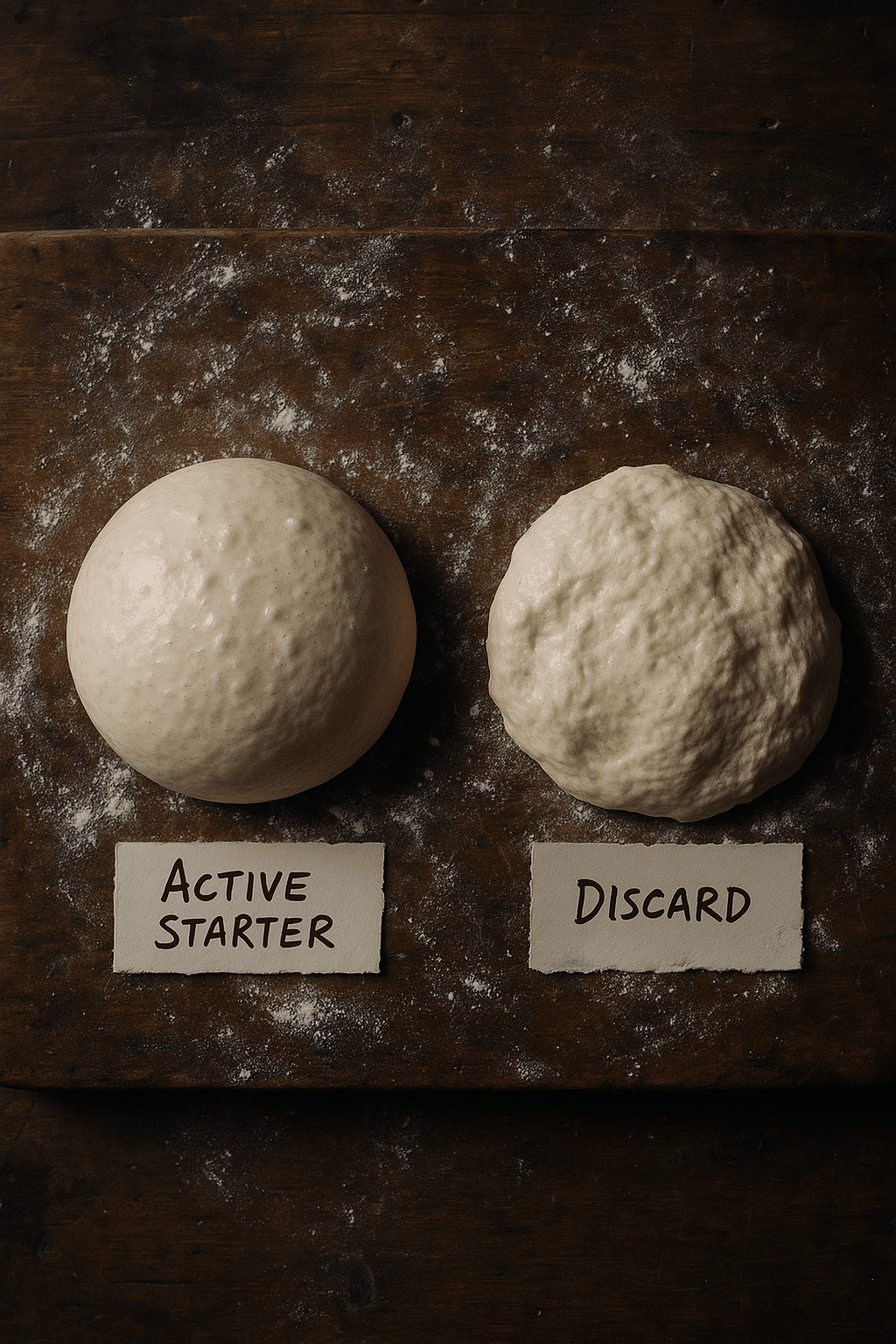 active-vs-discard-pizza-dough-visual Visual comparison of active sourdough starter vs discard pizza dough