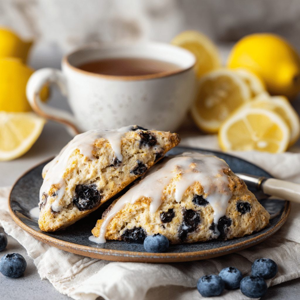 blueberry-scone-sourdough-discard-serving Served blueberry scone sourdough discard with tea