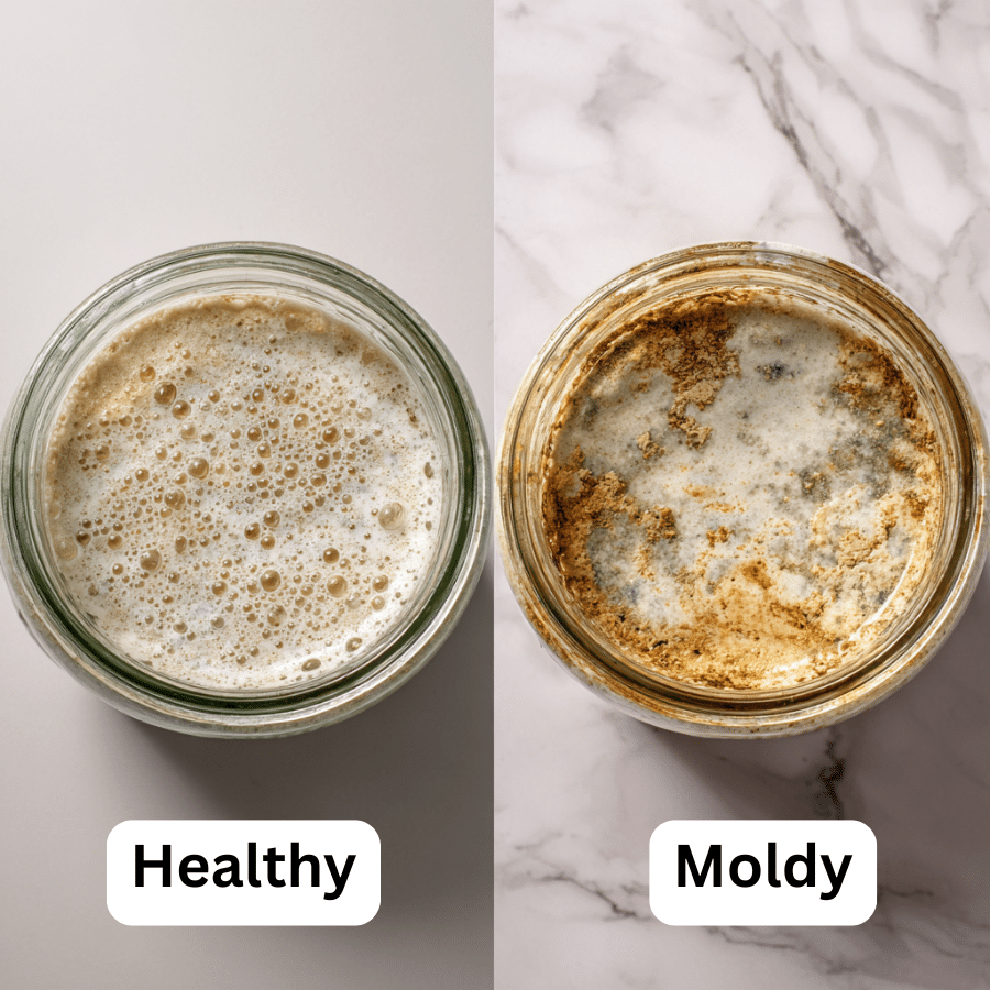 moldy-vs-healthy-sourdough Comparison of healthy and moldy sourdough starter
