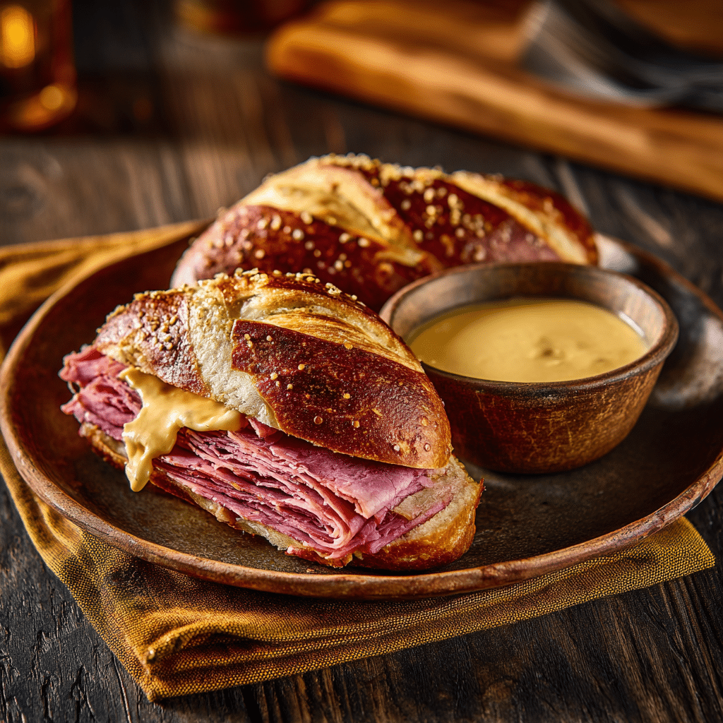 sourdough-pretzel-bread-serving Sourdough pretzel roll sandwich with pastrami and mustard