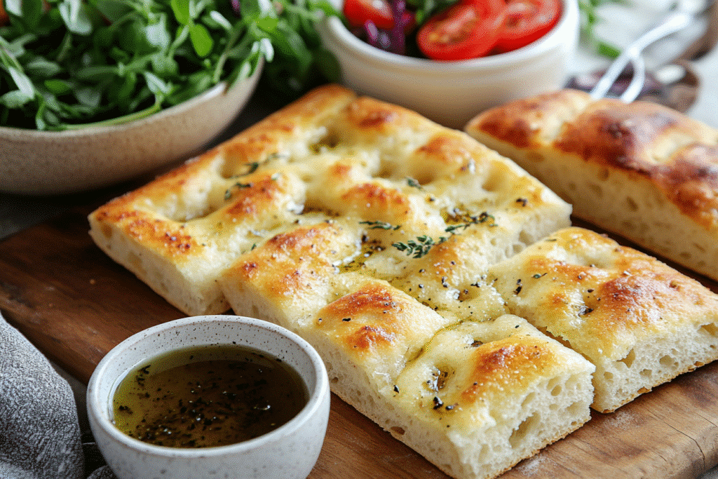 Focaccia Bread What to Eat It With for Easy, Cozy Meals 7 Focaccia bread served with olive oil, salad, and soup