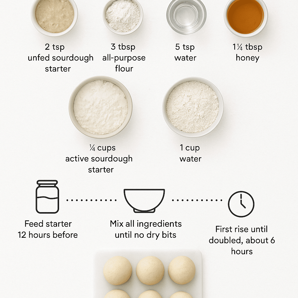 Sourdough Hamburger Buns: Soft, Flavorful, and Easy to Master 6 Ingredients for sourdough hamburger buns on table