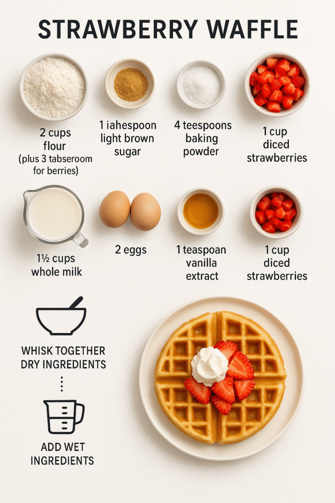 Strawberry Waffle Recipe – 1 Ultimate Way to Make It Crispy & Sweet 10 Strawberry waffle ingredients flat lay