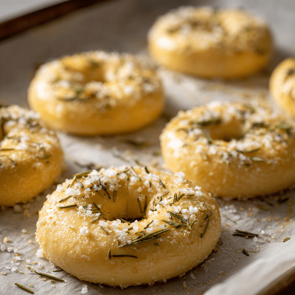 Rosemary Bagels Recipe: Sourdough Discard with Big Flavor 10 Boiled rosemary bagels on tray