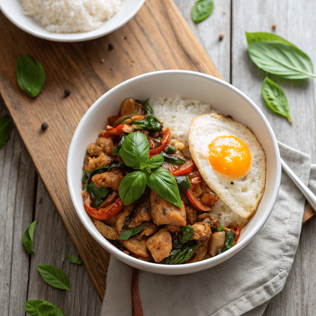 Thai Basil Chicken with Jasmine Rice – A Quick, Flavorful Thai Classic.